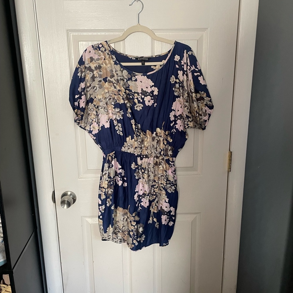 Express Navy and Cream Floral Silk Dress